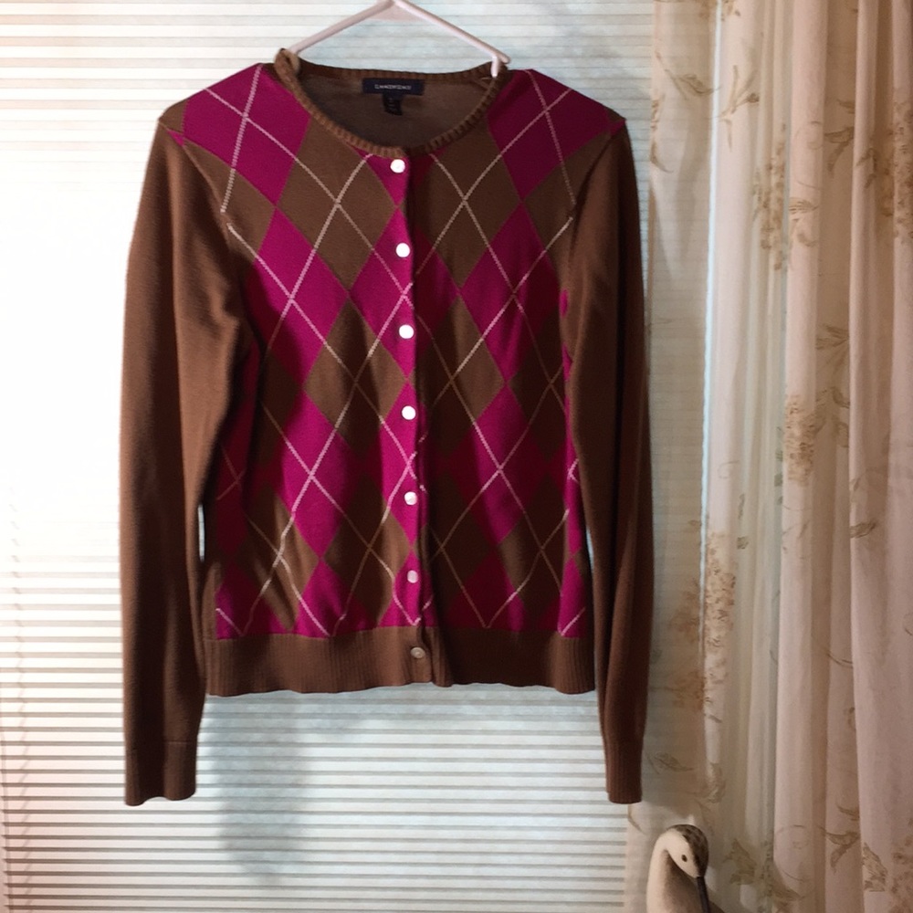 Lands End pink and brown argyle sweater